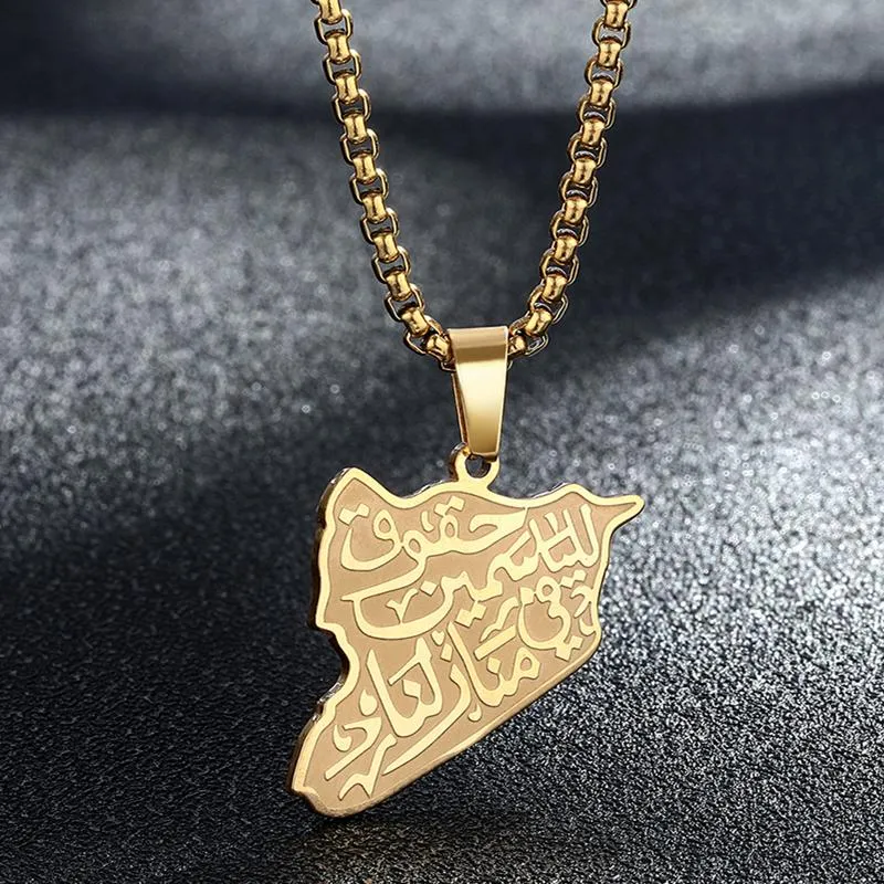 Pendentif Colliers Syrie Carte Collier Hommes Avec Lettre Arabe Célèbre Poème Verset En Acier Inoxydable Bijoux Vintage