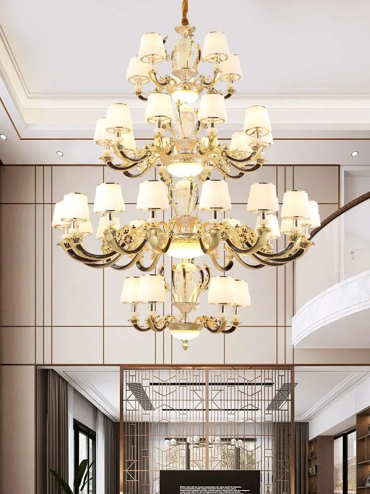 Żyrandole stopnie cynkowe LED oświetlenie żyrandol Europejski luksusowy dwupoziomowy apartament el duże oprawy lobby villa jadeiła kreatywna lampa wisząca