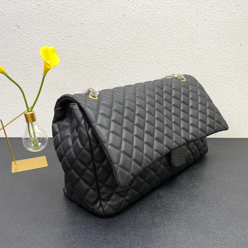 Clássico Aba única Maxi Bolsas de couro de bezerro XXL Caviar Couro Envelhecido Ouro/Prata Ferragens de metal matelassê Cadeia Bolsas tiracolo Lare Capacidade Bolso para aeroporto 46X14CM