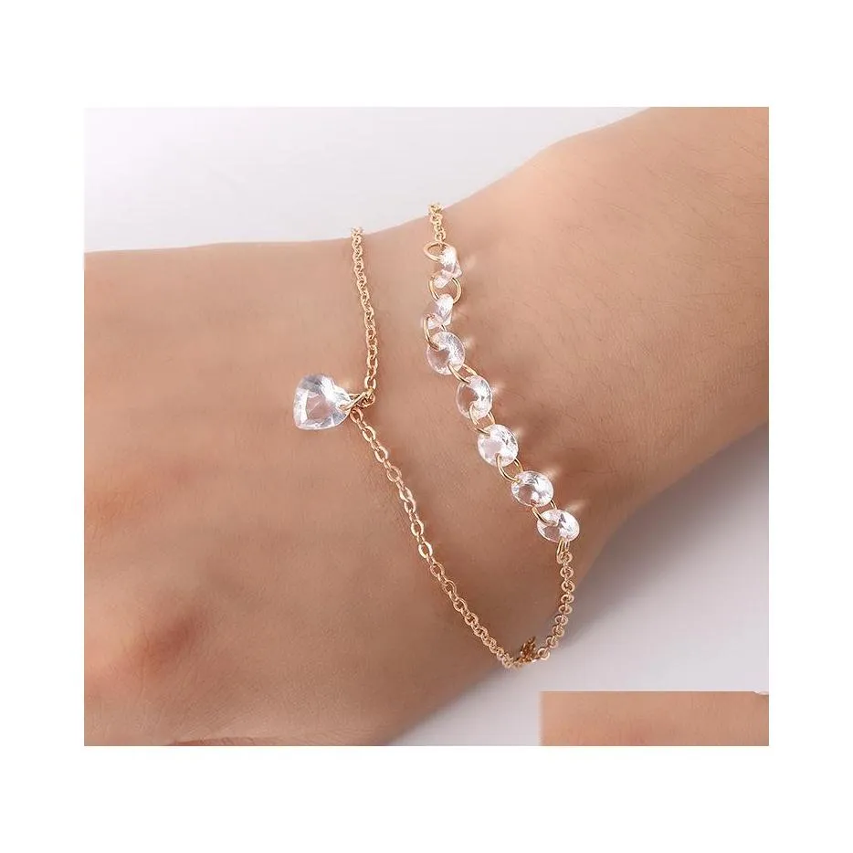 Charm Bracelets Fashion Double Heart Crystal Bracelet Female Engagement Wedding Accessories Gold Chain White Jewelry Drop Delivery Dhzi0