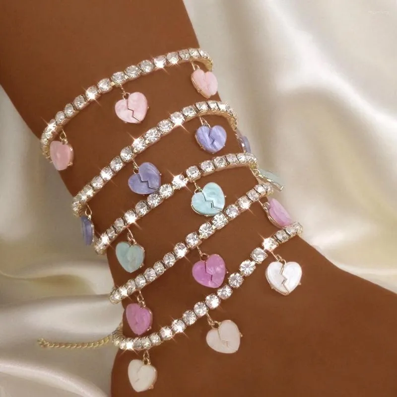 Anklets INS Trendy Multicolor Acrylic Broken Heart Anklet Bracelet Jewelry Bling Rhinestone Tennis Chain Love Charm Foot