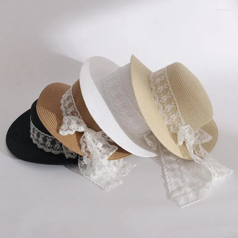 Chapeaux à large bord OMEA été chapeau de paille dentelle sangle plage femmes coréen coupe-vent corde voyage soleil élégant Lolita seau vacances