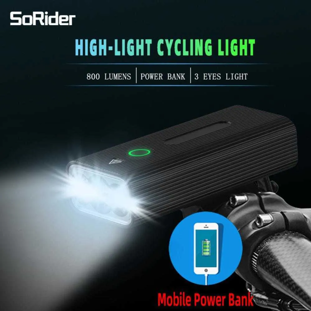 Luzes de 3 Luz de bicicleta dianteira 2600mAh USB Recarregável MTB Bike Heartlight Hollowbar Ciclismo Lantern de lanterna como banco de potência 0202