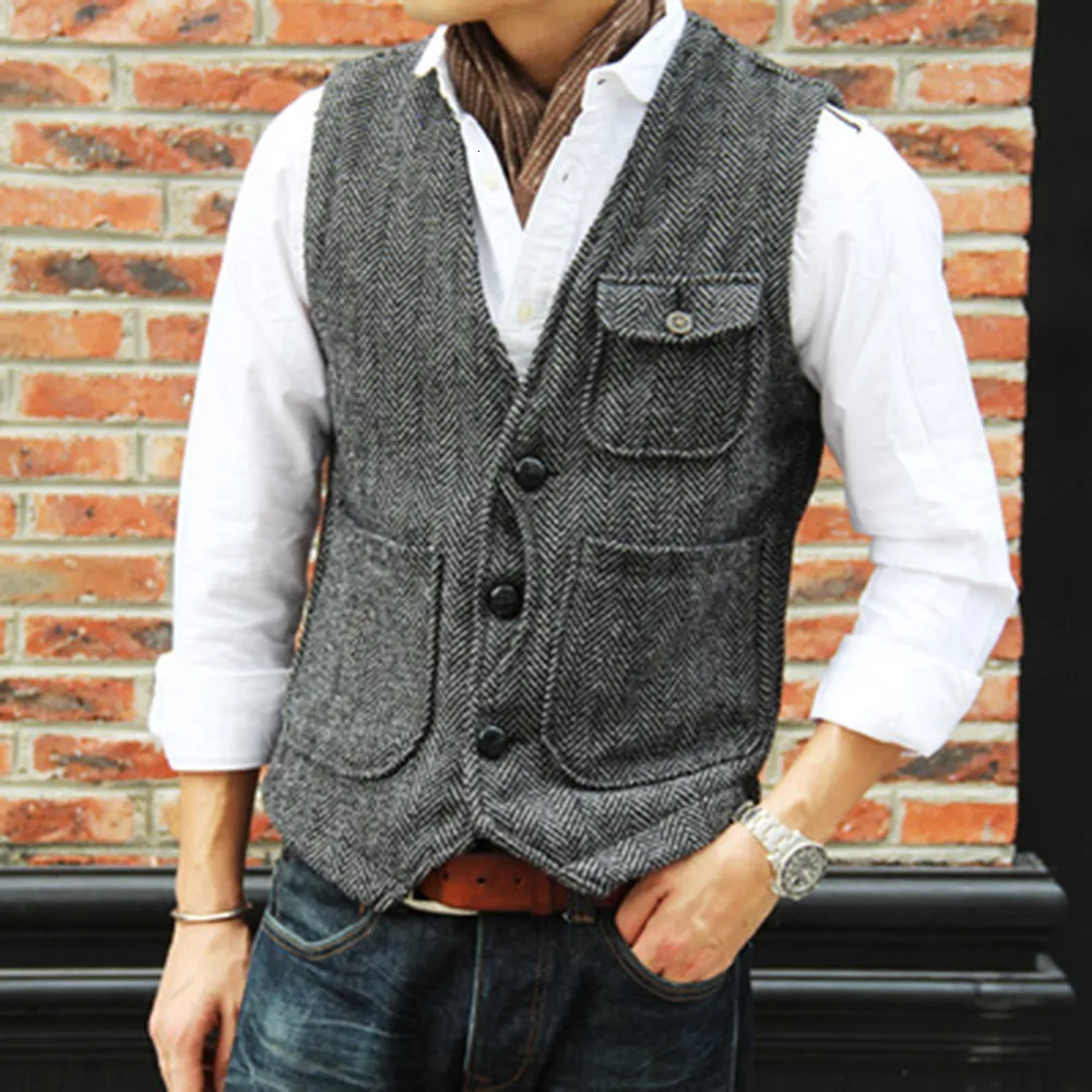 Mens Vests retro tweed suit vest mens Vneck wool casual man tuxedo 230203