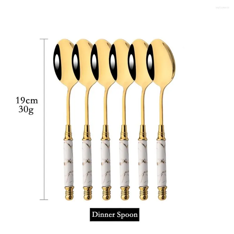 Dinnerware Sets 6Pcs/Set Dinner Spoon Stainless Steel Ceramic Handle Set Gold Kitchen Utensil Safety Adult Flatware