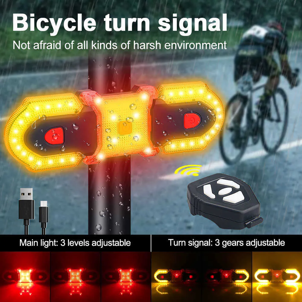 Lumières USB Rechargeable Vélo Feu Arrière Télécommande Sans Fil Vélo Lampe LED Tournant Singal Avertissement Sécurité Vélo Feu Arrière 0202
