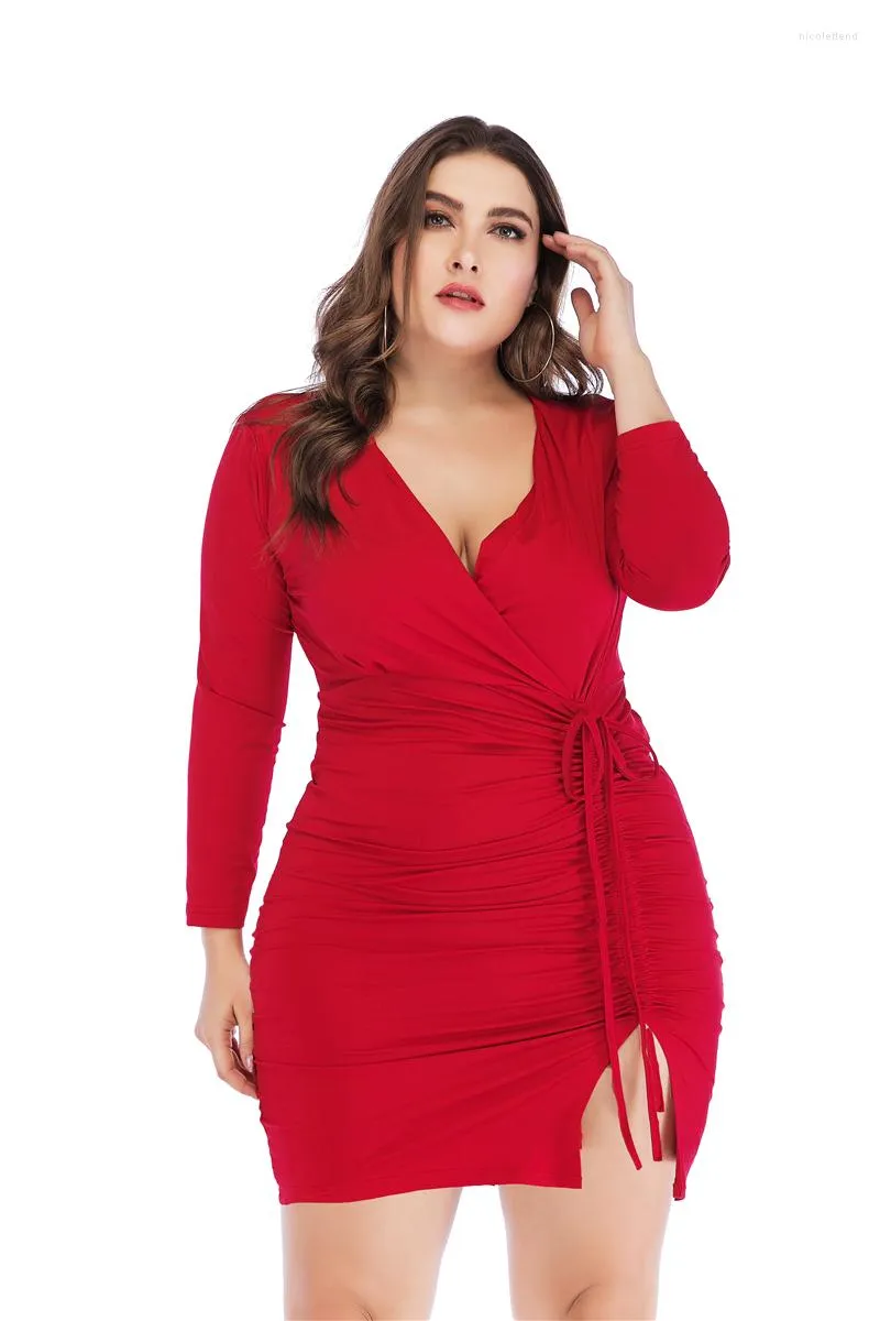 Plus Size Dresses Women Dress Autumn Long Sleeve Cotton Red Vestido Negro Short Tight V Neck Vestidos Cortos De Fiesta Elegante 2023