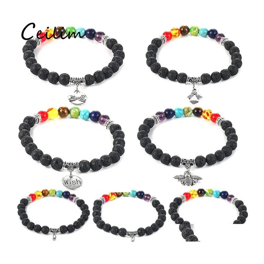 Perles Strands Fashion 6Mm 7 Chakras Pierre De Lave Perles Bracelet Abeille Coeur Amour Amitié Éléphant Ange Charmes Yaga Perle Pour Hommes Wo Ote7P