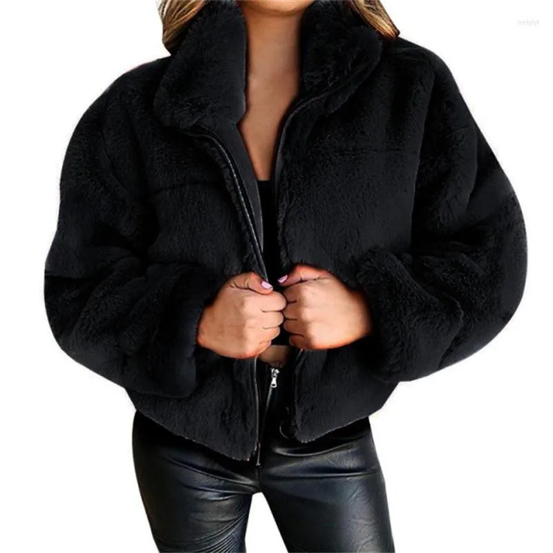 Kvinnors jackor kvinnors puffy jacka avslappnad långärmad zip faux pälsrock 2023 hösten vinter varm plysch