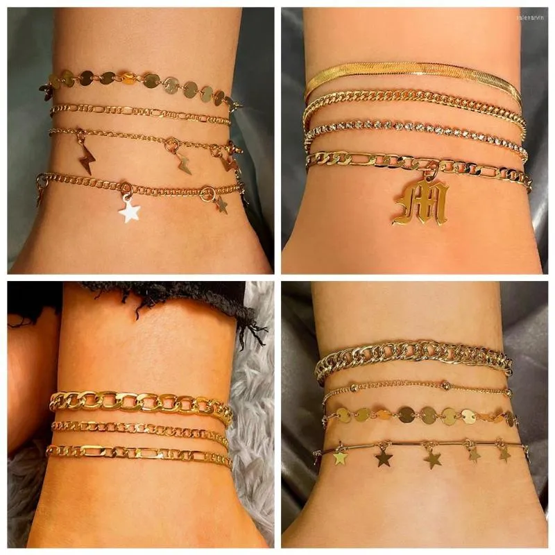 Ankletter flatfooosie bohemia guldfärg stjärnor för kvinnor sommar strand sandaler metall länk kedja flerskikt anklet armband smycken