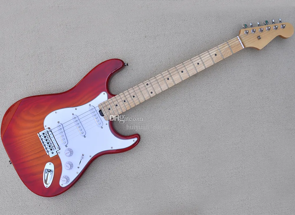 Красная электрическая гитара с ясенем кузов белой пикгарды кленово -гриф