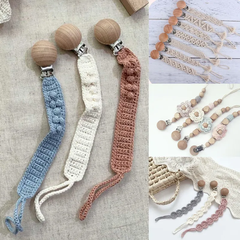 Portaciuccio Clips # BPAfree Vintage Crochet Baby Clip Catena Corda di cotone intrecciata Fatta a mano in legno di faggio Porta capezzoli fittizio fai da te 230203