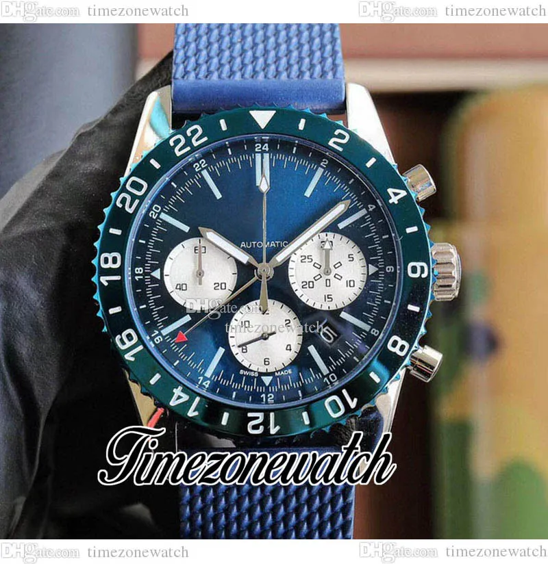 46mm Professionnel Cadran Bleu Montre Homme RB046116.C972 Quartz Chronographe Bâton Marqueurs Boîtier En Acier Bracelet En Caoutchouc Bleu Chronomètre Montres TWBE Timezonewatch C144