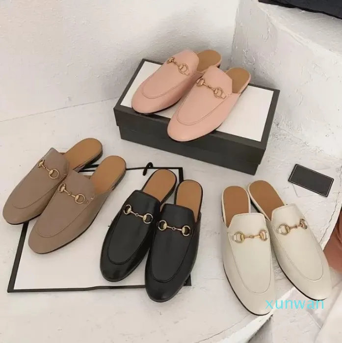 2023 Designer Princetown Pantoufles En Cuir Véritable Mules Femmes Mocassins Chaîne En Métal Confortable Casual Chaussure Dentelle Pantoufle