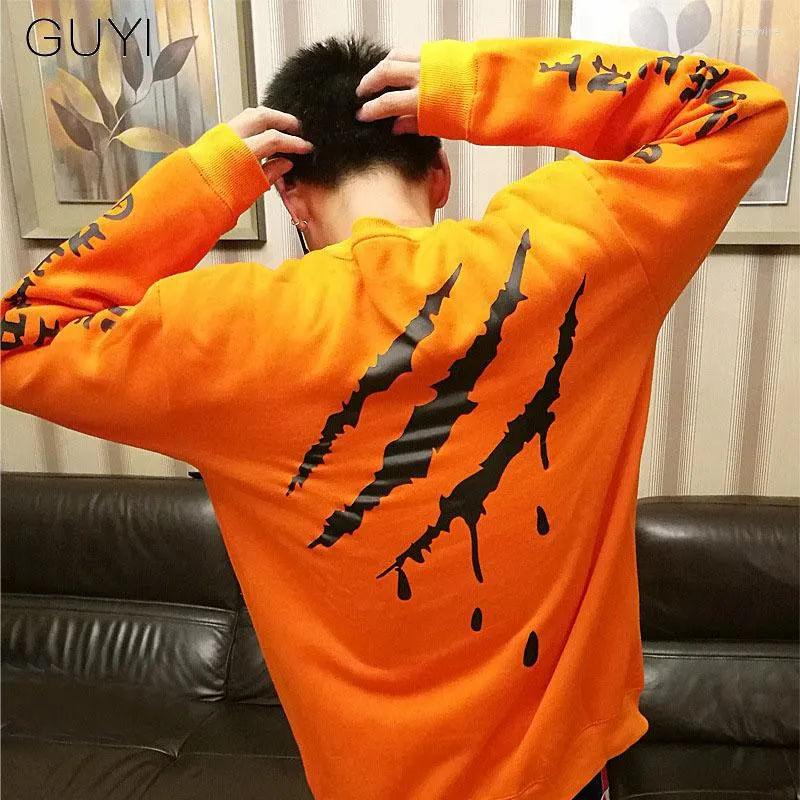 Men's Hoodies Black Orange Side Letter Scratches Print Men Rib Long Sleeve Pullovers Fashion Casual Streetwear Sweatshirts Cotton