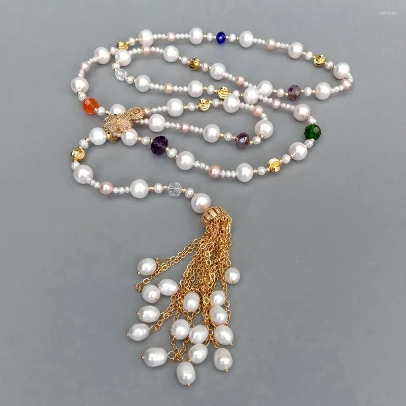 チェーンYygem Natural Cultured White Pearl Long Multi Color Tasselsセーターチェーンネックレス41 "Strand Gifts