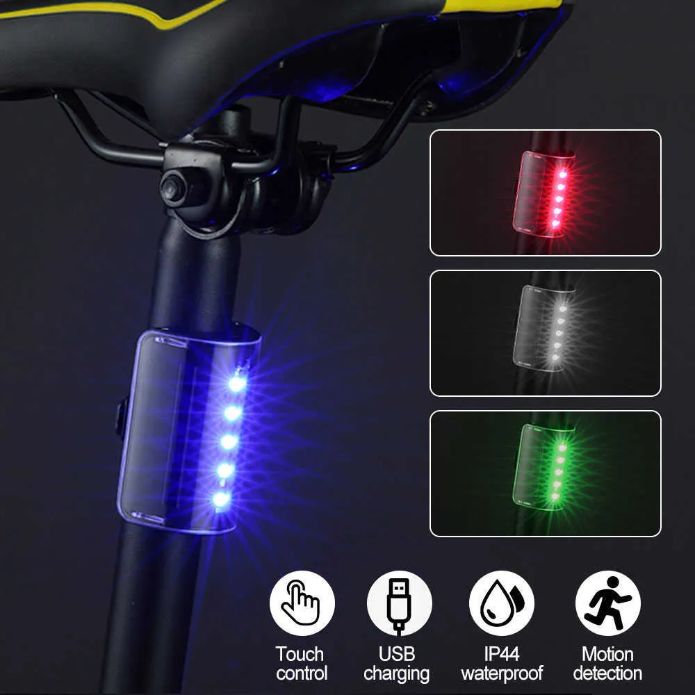 Luci Fanale posteriore ricaricabile tramite USB Ricarica intelligente Lampada posteriore per bicicletta Start-stop automatico Avvertimento touch control Luce per bici 0202