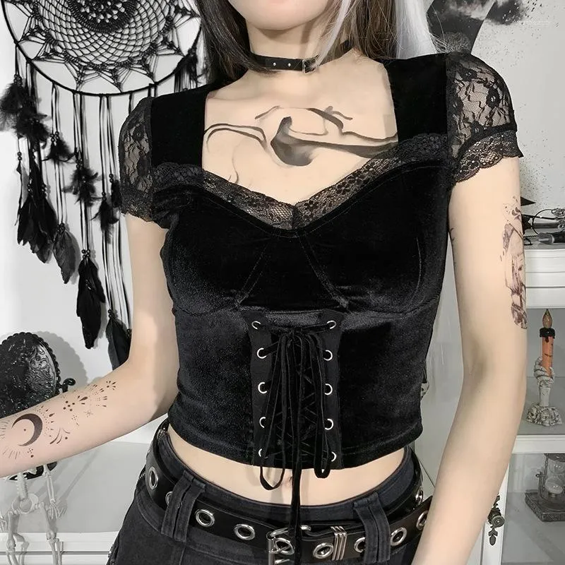 Женские танки Черные кружевные женщины -топ -майки короткая рубашка Harajuku Sexy Goth Gothic Punk Clate