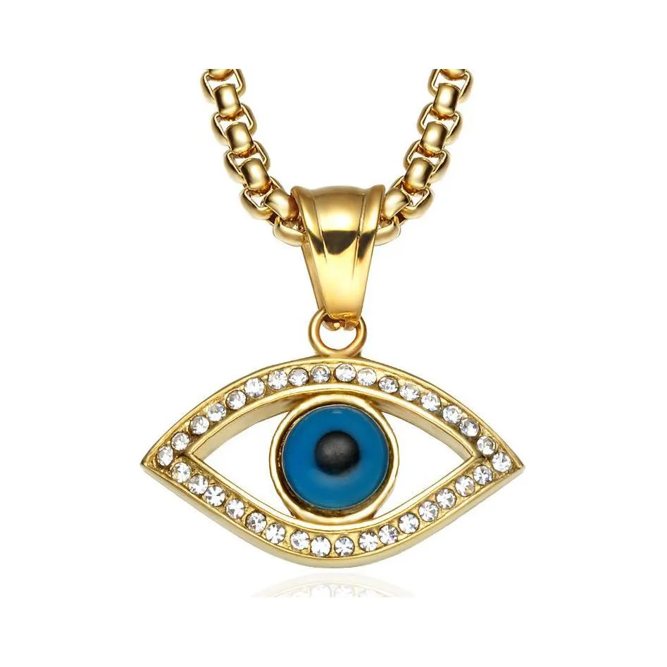 Pendanthalsband 316L Rostfritt st￥l M￤n isade ut Blue Eye of God With Zircon Fashion Long Chain Hip Hop Jewelry Luckyhat Drop Del Dhhd9