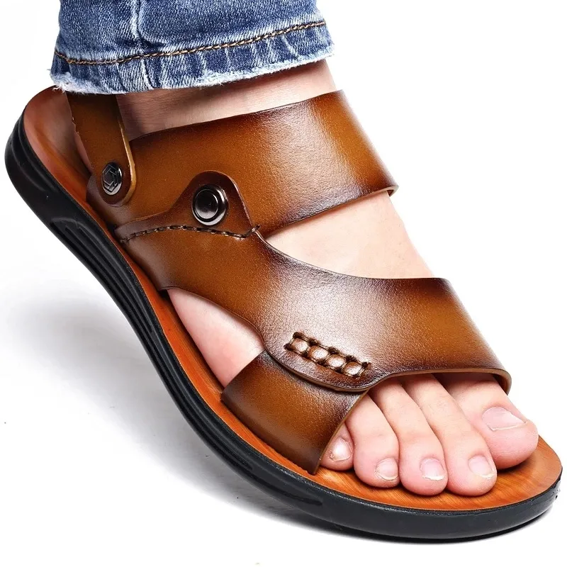 Sandals Slippers Men Sandals Summer Fashion Men Slide Slippers Outdoor Genuine Leather Non-slip Shoes Beach Slip-On Sandals Travel Slippers 230203