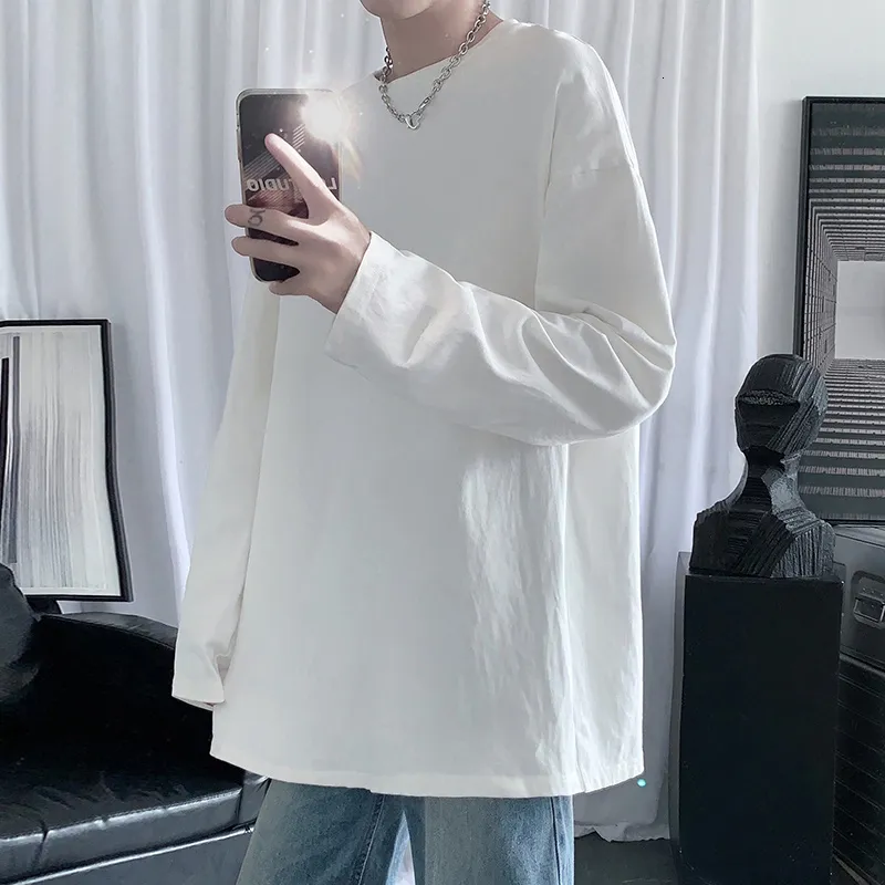 T-shirt da uomo HYBSKR T-shirt oversize da uomo autunno T-shirt basic tinta unita O collo T-shirt manica lunga in pile Uomo coreano T-shirt casual 230203