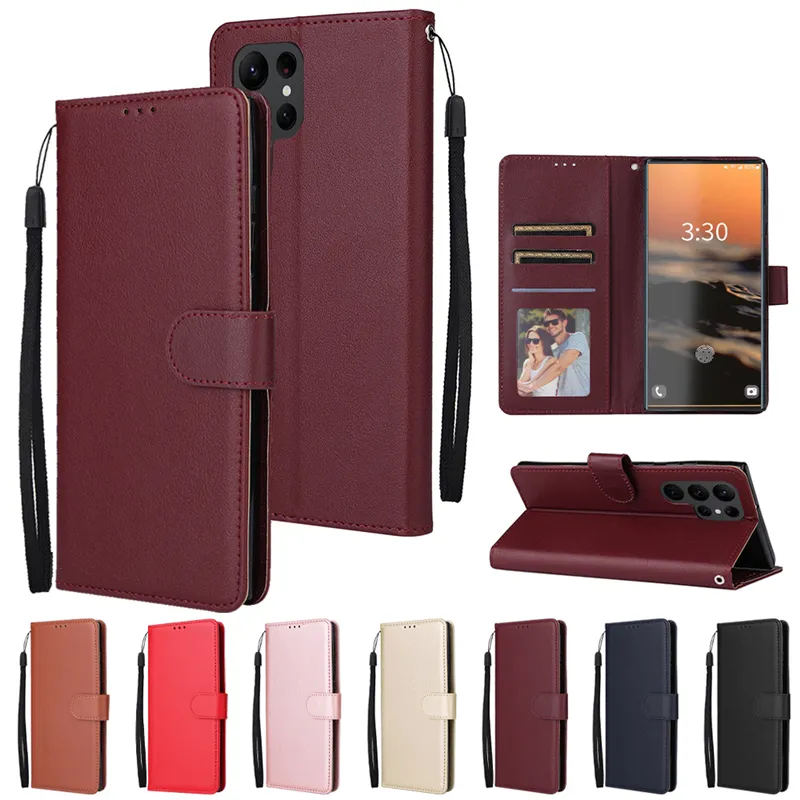 Rope Magnetic Folio Phone Cases for iPhone 14 13 12 11 Pro Max XR XS 7 8 Plus SE2 SE3 Wristband Bracelet 3 Card Slots Solid Leather Wallet Clutch Protective Shell