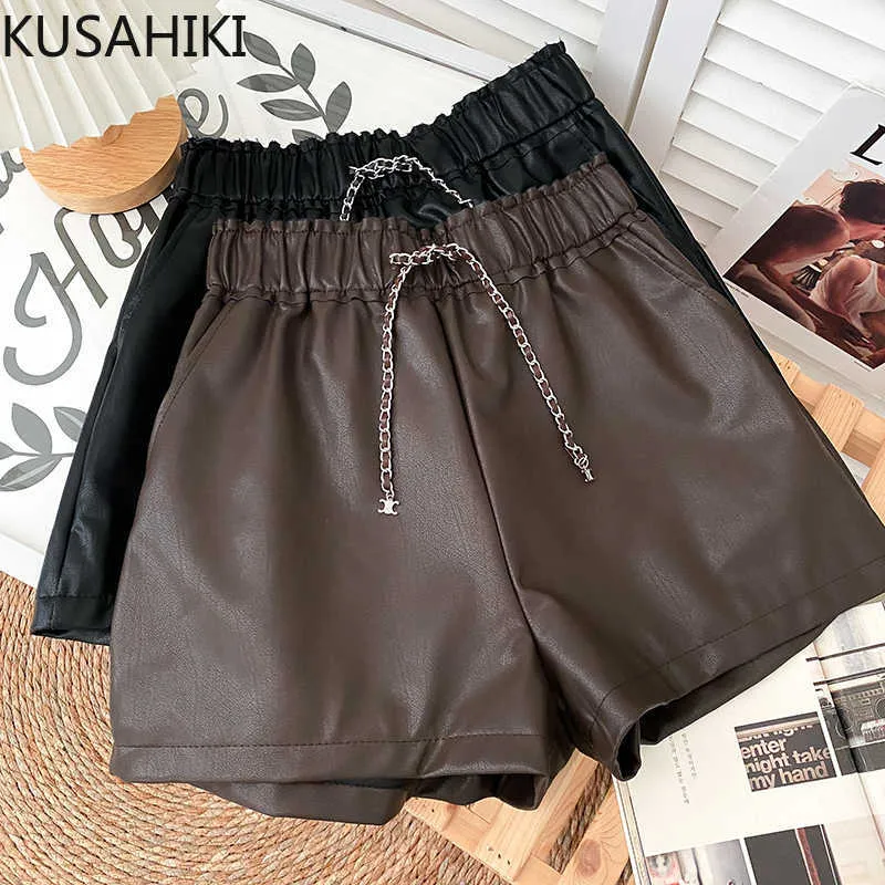 Damesshorts Kusahiki Koreaans PU Leer voor vrouwenketen Elastische hoge taille bodems 2022 Autumn Winter Nieuwe wide been korte feminimos y2302