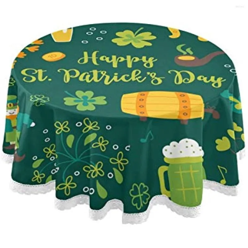 Bordduk St.Patrick's Day Round Tracloth 60 tum Söt leprechuan Shamrock Clover lämnar öl irländsk hatt spets täckning för semester