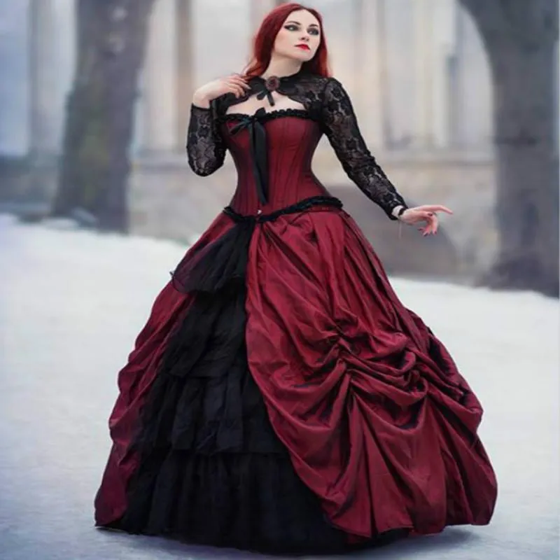 Medieval Gothic Plus Size Wedding Dress With Ruffle Lace Dress Jackets For  Women Black And Dark Red Country Gown For Masquerade Costume Party Wear  From Zachlavine, $195.67