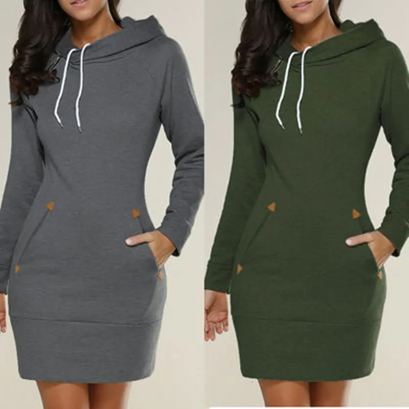 Casual Dresses Plus size Bikoles Spring Autumn Hooded Drawstring Women's Sweatshirt Dress Fashion Solid Pocket Package Hip Ladies Mini 230203