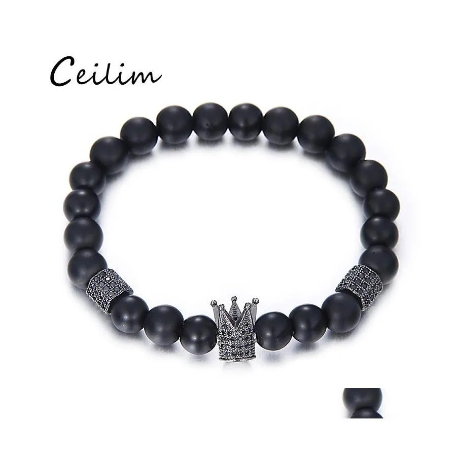 B￤rade str￤ngar lyxiga h￶gkvalitativa mikrobonta svarta CZ Zirconia Gold King Crown Charm Armband Men dl Polish Matte Stone Bead Handm Otcyh