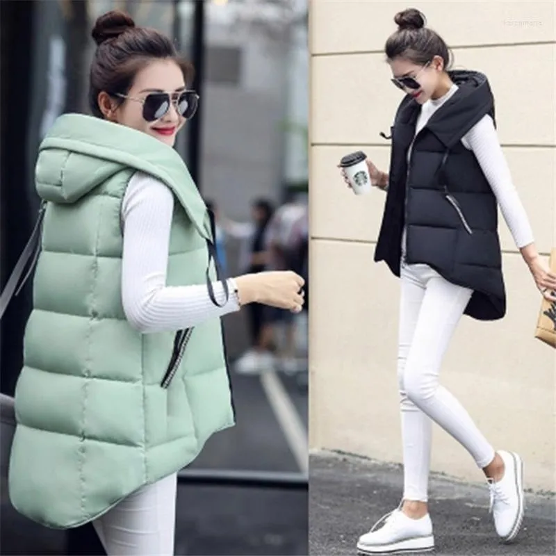 Femmes Gilets Automne Hiver Femmes Coton Gilet Manteaux Mince Chaud À Capuche Parka Vestes Lady Midi Long Sans Manches Gilet Outwear Kare22