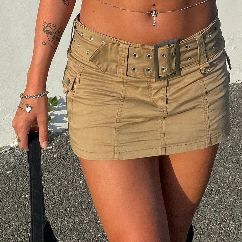 Jupes Y2K Ceinture Grunge Cargo Skrits Denim Poches Vintage Plissé Femmes Punk Taille Basse Esthétique Bas Coréen Chic 230202