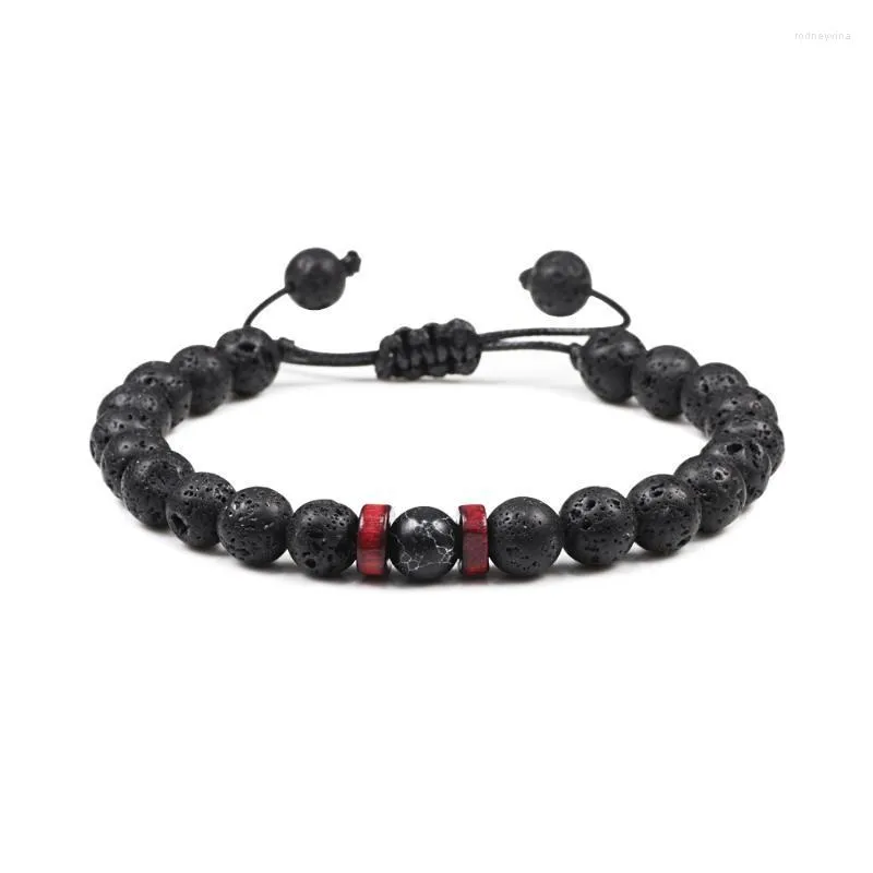 Strand z koralikami Naturalne lawowe kamienne kamienne bransoletka Tybetańska Budda Drewna koraliki Plecione mężczyźni kobiety Armband Akcesoria Biżuteria Prezent