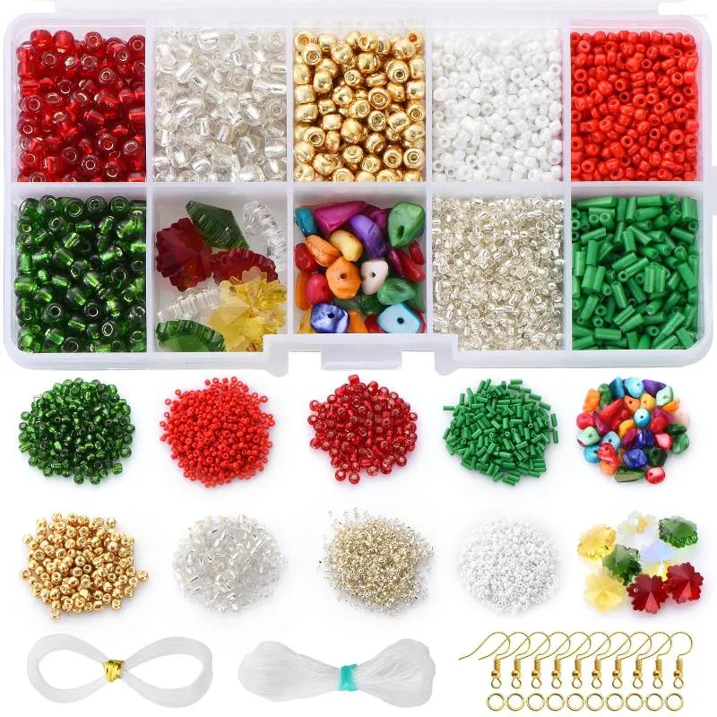 Perles 4110 pièces rouge/vert/or mélange de graines de verre couleur gravier naturel crochets métalliques Tube de cristal pour bricolage cadeaux d'ornement de noël