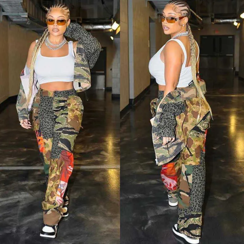 Lässige Designer-Damen-Camouflage-Hosen mit hohem Bund und schmaler, lockerer Camo-Jogginghose