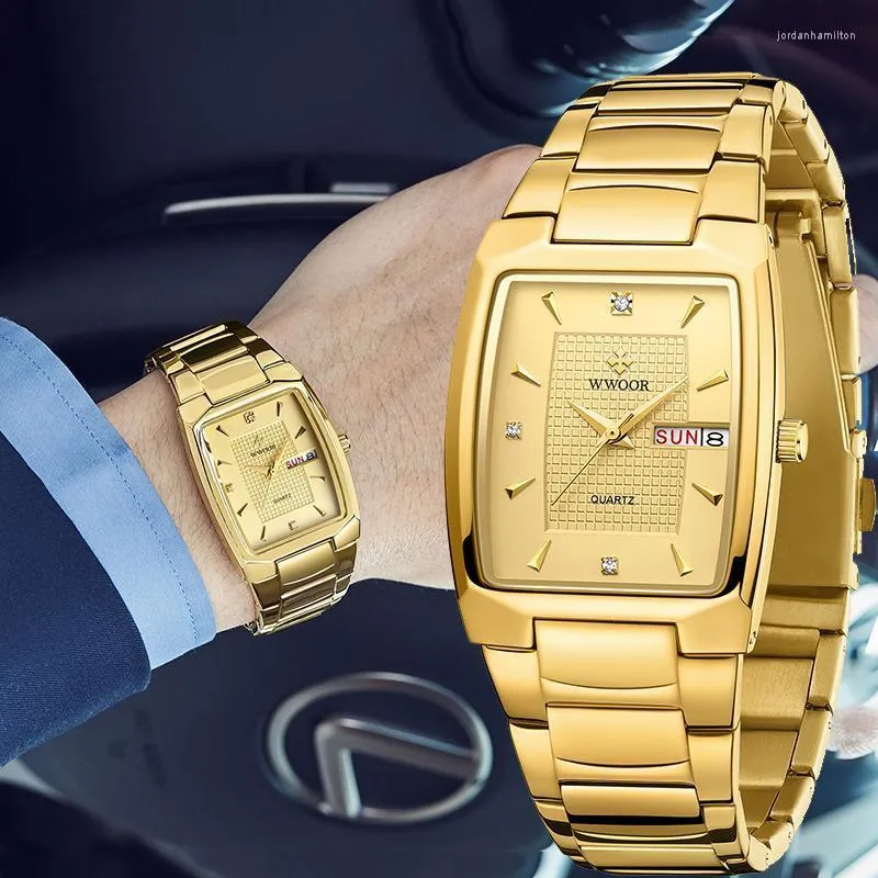 Wristwatches Wwoor Design Luxury Men's Watch Stelless Stell Gold for Men Waterproof Week عرض الذك