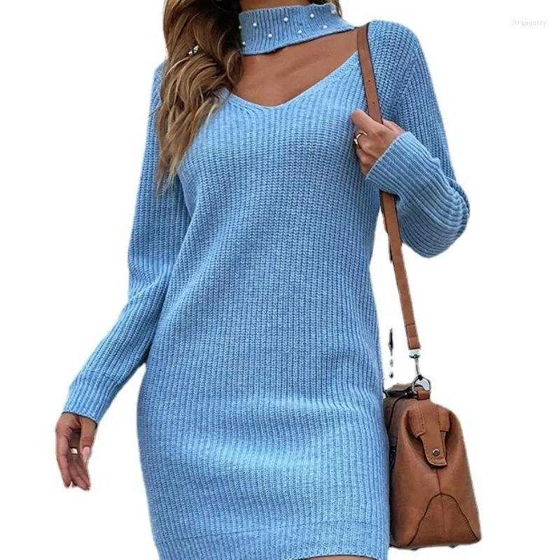 Casual Dresses 2023 Autumer Winter Long Sleeve Tops V Neck Knit Sweater Dress Women Sexy Chic Slim Pullover Solid Elegant Clothing Korean