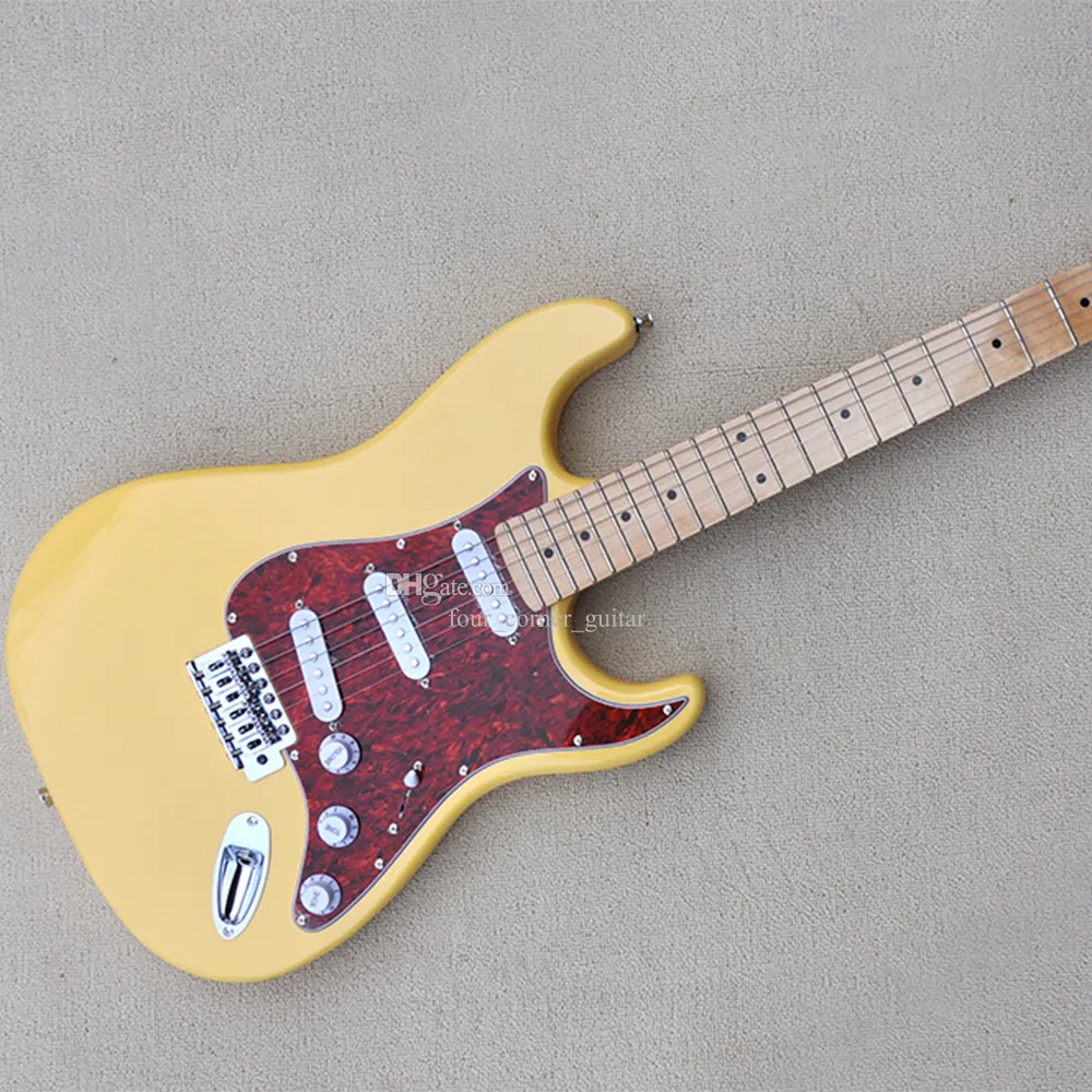 6 Strings Yellow Electric Guitar with Maple Fretboard SSS Pickups Red Pearl Pickguard Customizable