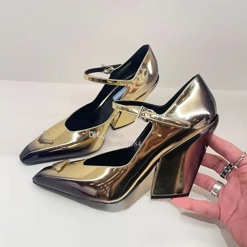Formal Shoes Gradient Womens Leather Thick Heel Classic Triangle
