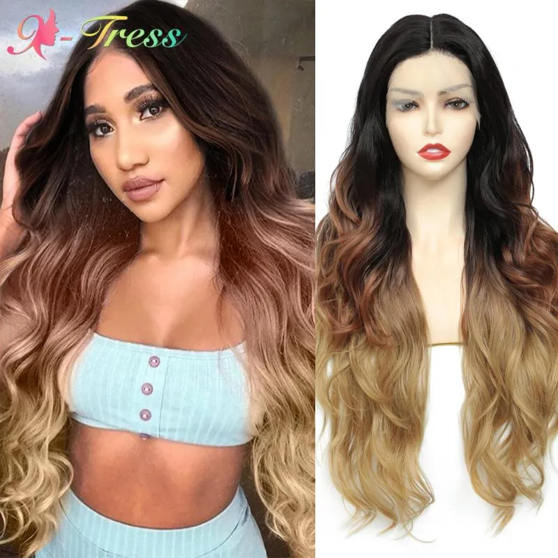 Top Closures X-TRESS Ombre Brown Blonde Synthetic Lace Front For Black Women Dark Roots Long Body Wave Middle Part Transparent