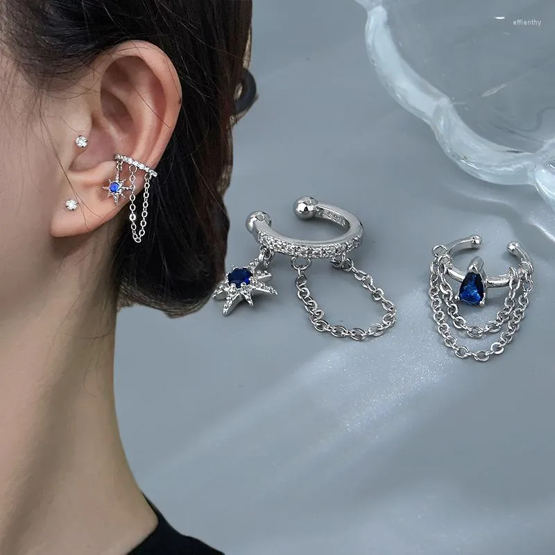 Schiena orecchini lucido colore blu cristallo nappa polsino non piercing orecchino a clip per le donne strass stella finto piercing alla cartilagine gioielli