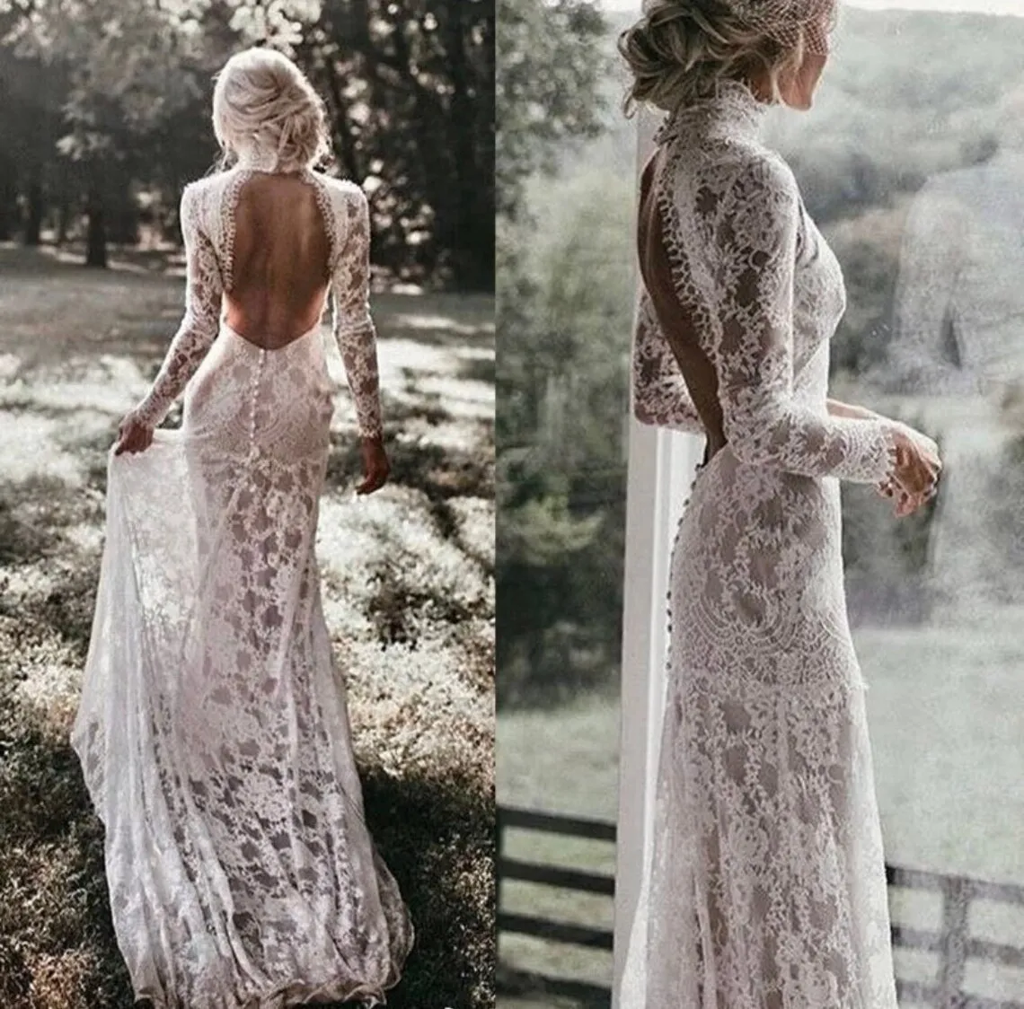 Vintage Lace Mermaid Wedding Dresses Long Sleeves Backless High Neck Nude Lining Boho Rustic Bridal Gown Sexy Summer Autumn Bride Vestido De Novia Robe Mariage