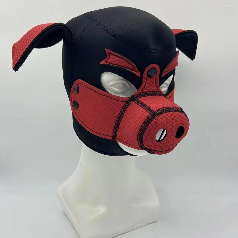 Baretten 3D Mould Neopreen Fetish Full Face Zwart Rood Pig Hood Mask Unisex Standaard Hoeden Sexy Cap Geen Achter Ritpper Een Stuk Stijl