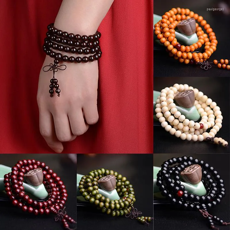 Strand 108 Perles Bois de Santal Naturel Bracelets Bouddhistes Bouddha Prière Bois Perlé Bracelet Noeud 4 Couches Poignet Chaîne Hommes Femmes Bracelets