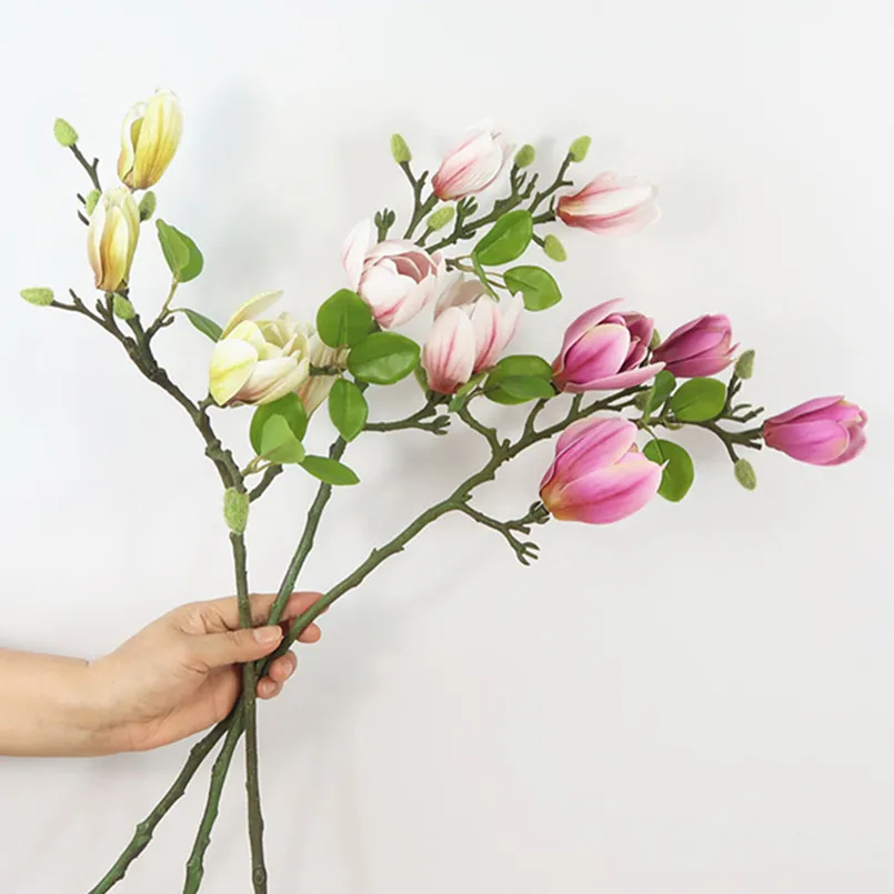 Toque real toque real látex magnólia galhos de flores artificiais com folhas para a decoração da mesa da sala de estar em casa