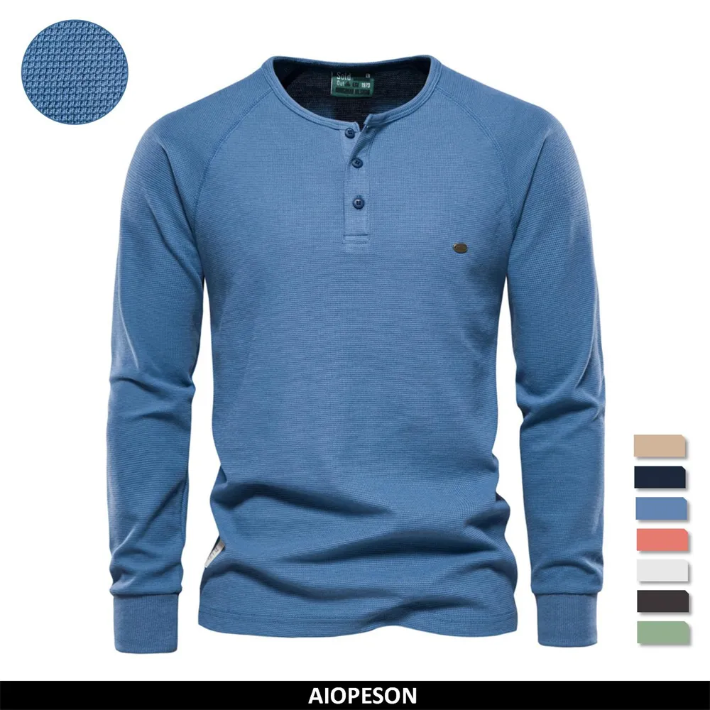 Men's T-Shirts AIOPESON Waffle Henley T-Shirt Men Long Sleeve Basic Breathable Men's Tops Tee Shirts Autumn Solid Color T Shirt For Men 230203