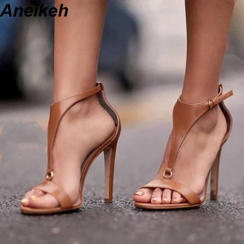 Klädskor aneikeh pumpar brun t rem stilett klackar öppna tå sandaler för kvinnor sommar spänne rem gladiator sandaler höga klackar sko g230130