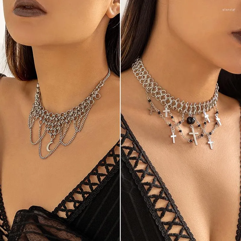 SRCOI Dark Punk Kreuz Metall Kette Quaste Halskette Für Frauen Egirl Y2K Schmuck Schlüsselbein Bib