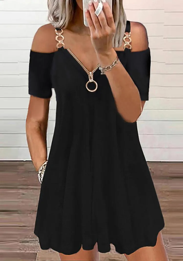 Casual Dresses Summer Women Cold Shoulder Chain Strap Dress 2023 Femme Zipper V Neck Mini Robe Lady Outfits Clothing Vestidos